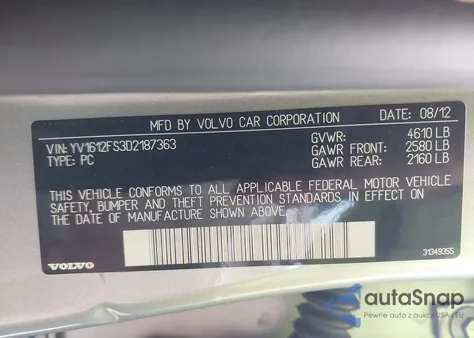 2013 Volvo S60 T5/T5 Platinum/T5 Premier/T5 Premier Plus z USA, uszkodzony, nr VIN YV1612FS3D2187363